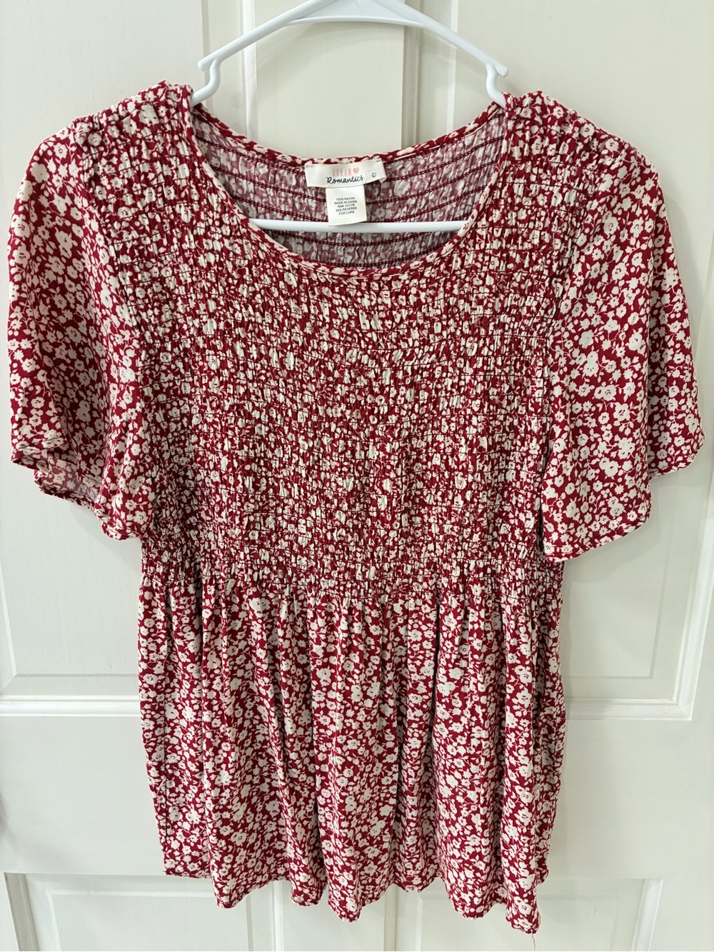 URBAN Romantics Red and White Floral Smocked Peasant Tunic